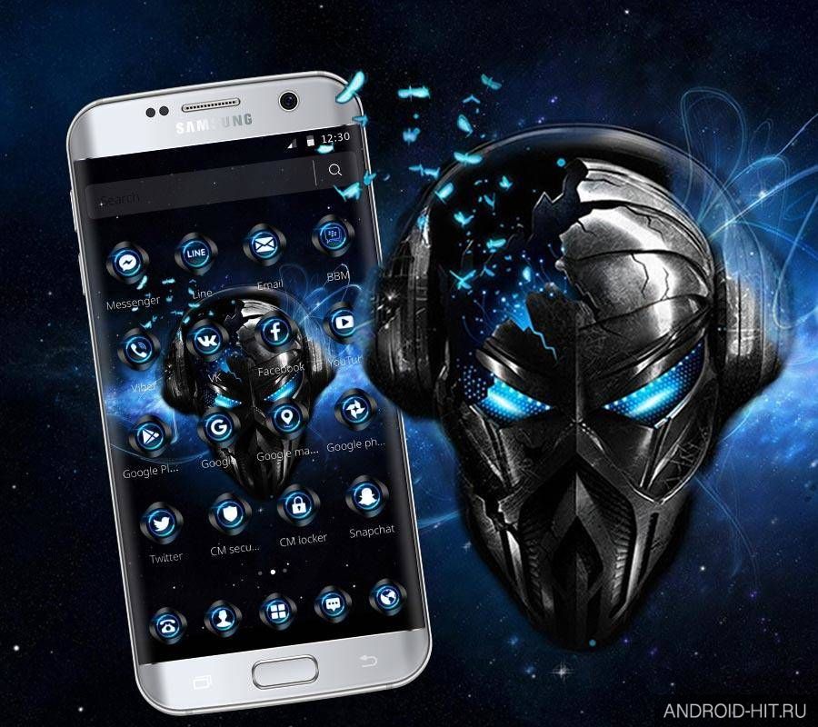 Скриншот Blue Tech Metallic Skull Theme на андроид