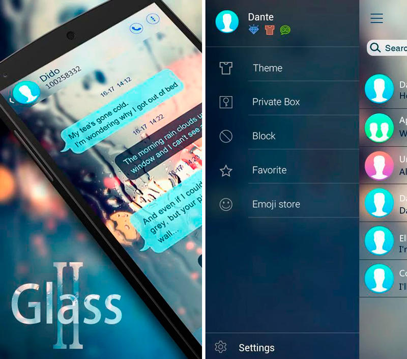 Скриншот GO SMS PRO GLASS 2 THEME на андроид